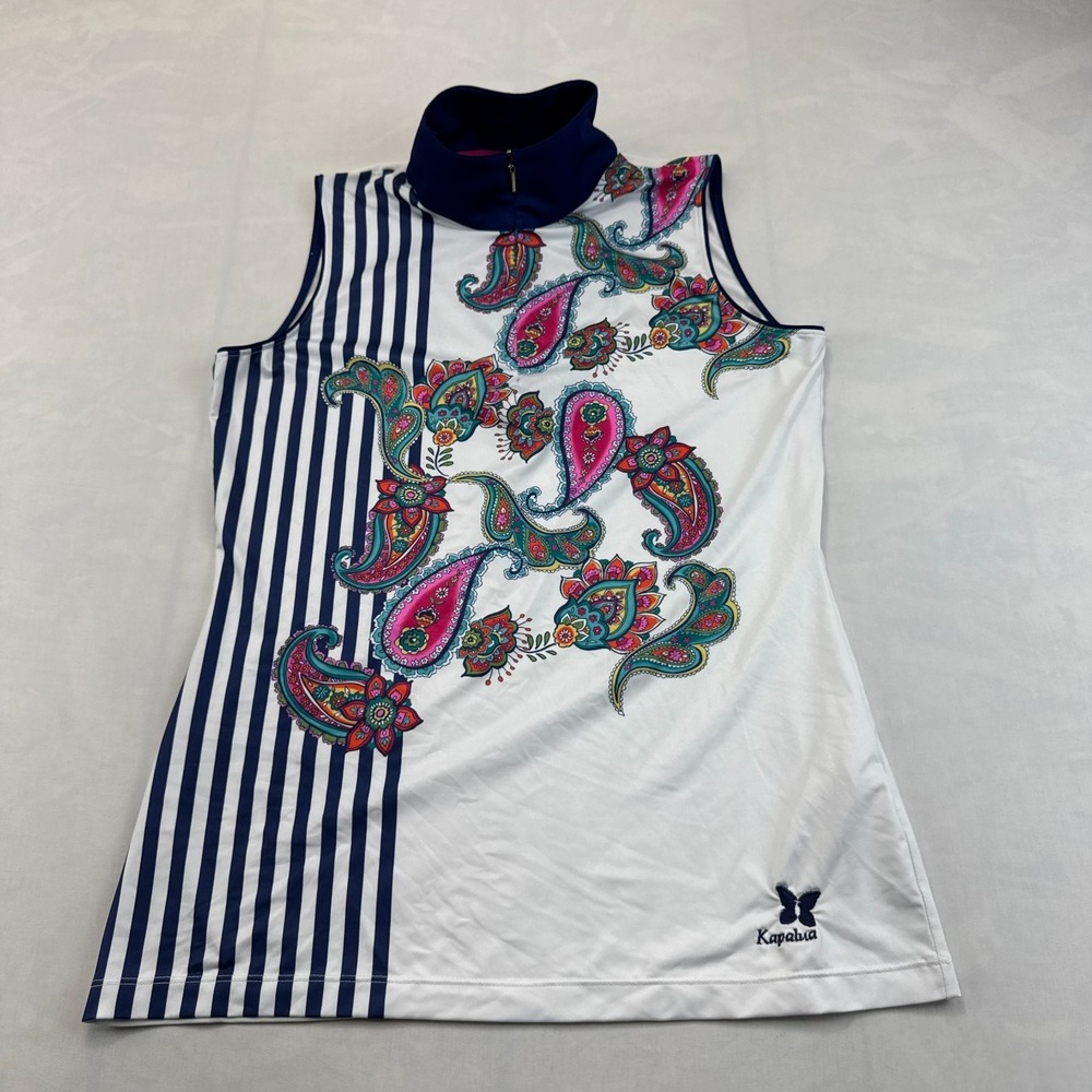 EP Golf Polo Shirt Womens Small White Blue Paisley Striped Performance Stretch